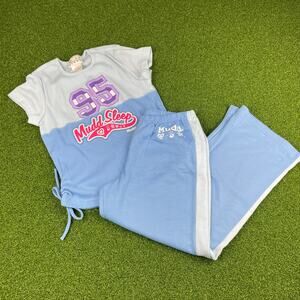 Mudd Sleep Girls Blue Short Sleeve Side Cinch Ribbed Pajama Pants Set Sz 10